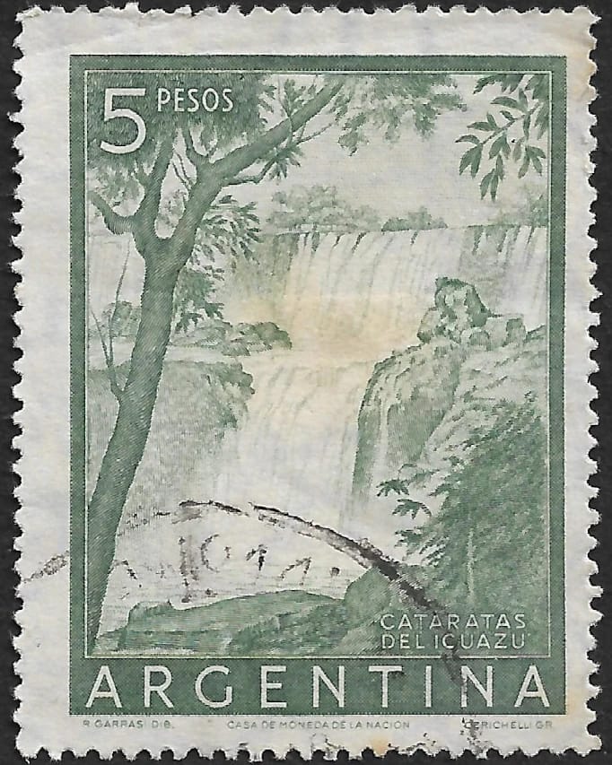 Viñeta: Cataratas del Iguazú Valor Facial: $ 5.- Color Verde Azulado Grabado en Papel Tizado